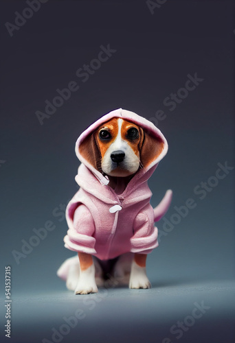 3D Adorable beagle in pink hooded sweatshirt in studio photography. A cute spotted dog is looking into the frame © Dylan