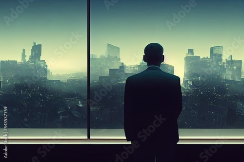 Rear view of successful businessman looking the sky from his office ,early morning scene. Realistic 3d rendering