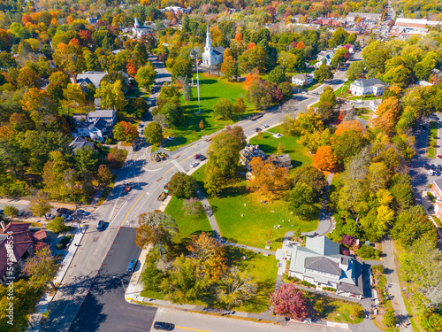 Lexington town center aerial view in fall including Visitor Center, Lexington Common and First Parish Church, town of Lexington, Massachusetts MA, USA. 