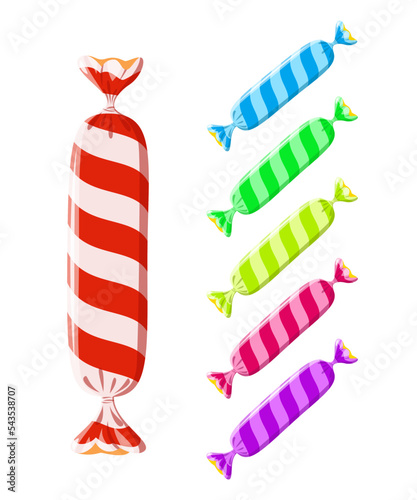 Colorful striped candies in wrapper set. Design element for Christmas, New Year, birthday, anniversary, event. Template for poster, web, flyer, coupon, promotions, blogs, social media. Vector