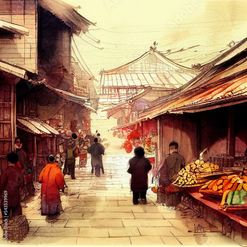 historic street market scenes, Korea and China photo