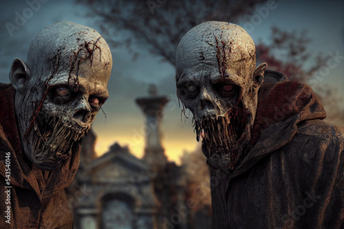 Two scary zombies in the cemetery. Generative AI
