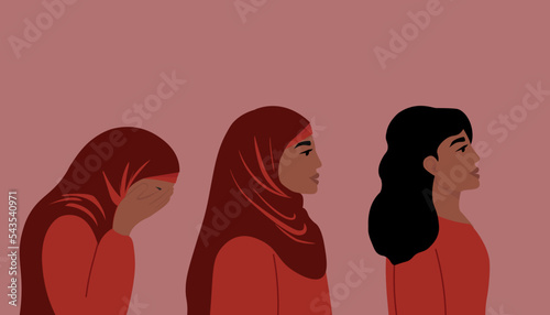 Women in hijab and with uncovered hair. The concept of protest of Muslim girls for their rights. Vector graphics.