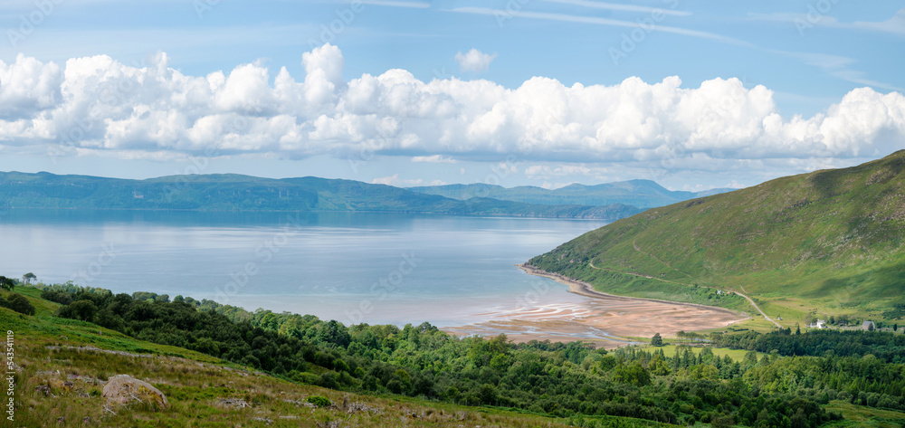 Applecross Bay panorama in the summer,from hills above,Highlands of western Scotland,UK.