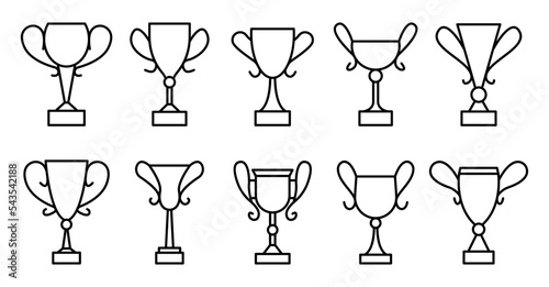Goblet black line icon set. Champion gold prize. Different shape winner trophy. Victory leaderships cups. Cup outline cartoon signs. Best choice symbol. Championship award emblem isolated on white