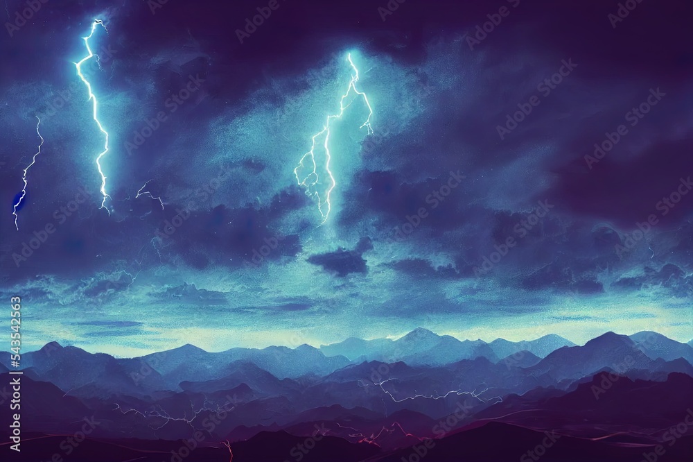 Dark dramatic stormy night sky with lightning bolts. Night mountain ...