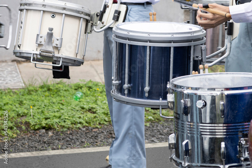 Close up view of drums in a 3rd of November parade in Panama