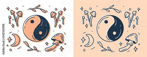 Magic linear yin and yang clipart set. Cute plant. Folk art nature collection. Forest and garden elements. Wild nature vector illustration.