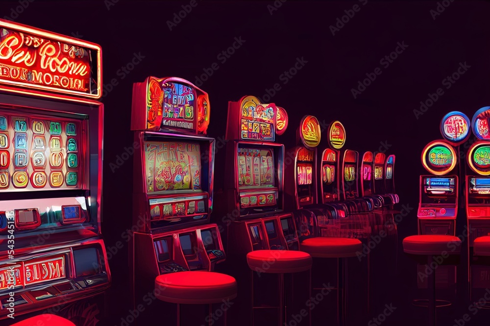 Slot machine, isolated on black background. Slot machine flying above the platform, there's a red neon light around 3d rendering.