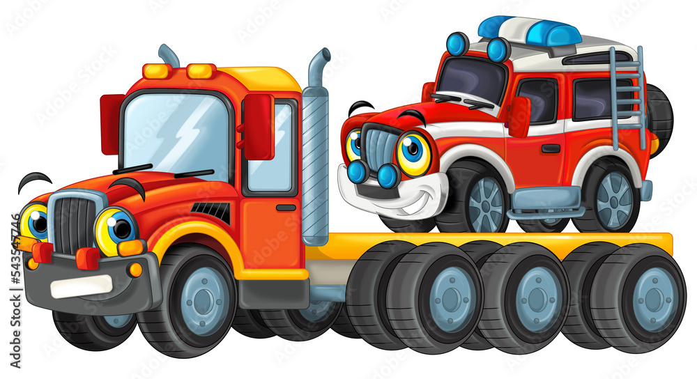 happy cartoon tow truck driver with car isolated on white illustration