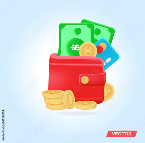 Red wallet with credit card and money. Coins, credit card, red wallet. 3d render in high quality.
