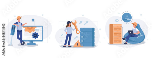Server maintenance web concept with people scenes set in flat style. Bundle of technical work, working at server rack hardware room, engineers team repairs. Vector illustration with character design