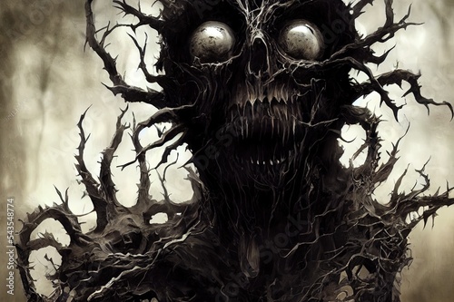 Obraz na plátně Spooky Ancient Death Spirit with Empty Black Eyes and Fangs 3D Art Illustration
