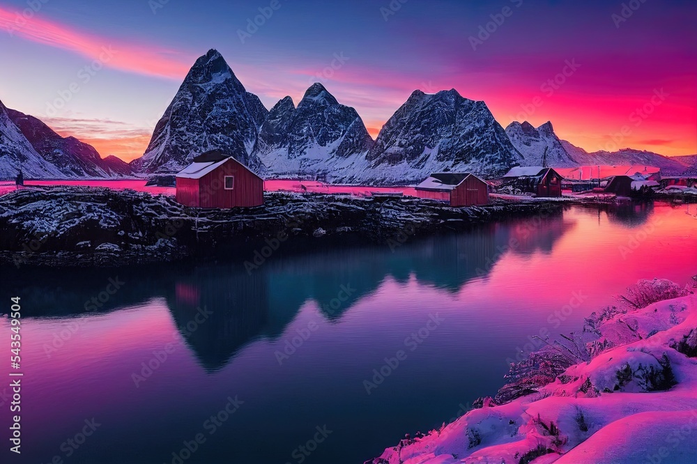 Amazing beautiful nature landscape of Lofoten Islands. Amazing winter scenery with snow covered mountains pink colorful sky and tipical red fishing huts, rorbu during sunset. popular travel location