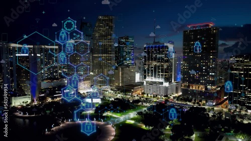 Miami United States. Aerial cyber city cityscape of smart city with futuristic cyber effect. Innovation. Nano technology. Miami Unted States. Cyber technology. Cloud computing. Digital transformation. photo
