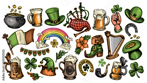 Patricks day symbols or badges collection. Set design elements for Irish holiday decoration. Color vector illustration