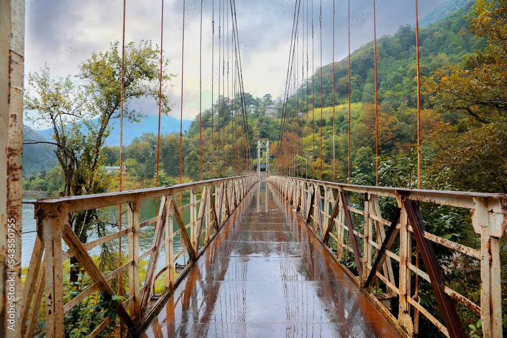 Obraz premium Beautiful view on rusty metal bridge over river in mountains