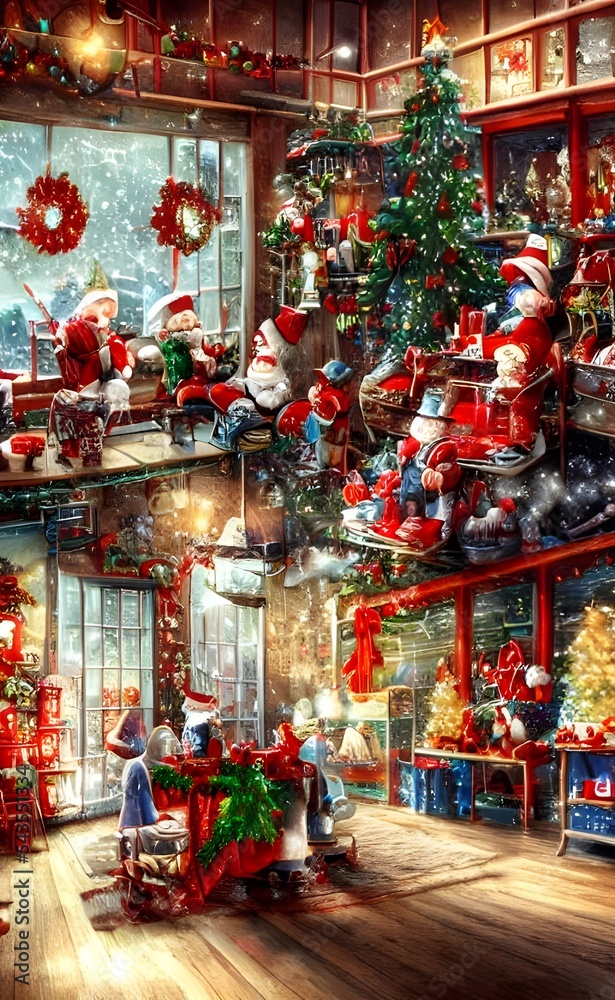 It's a winter wonderland at the Christmas toy factory! The elves are busy at work, hammering away on miniature sleighs and painting sugar-coated houses. Santa Claus himself is supervising from his big
