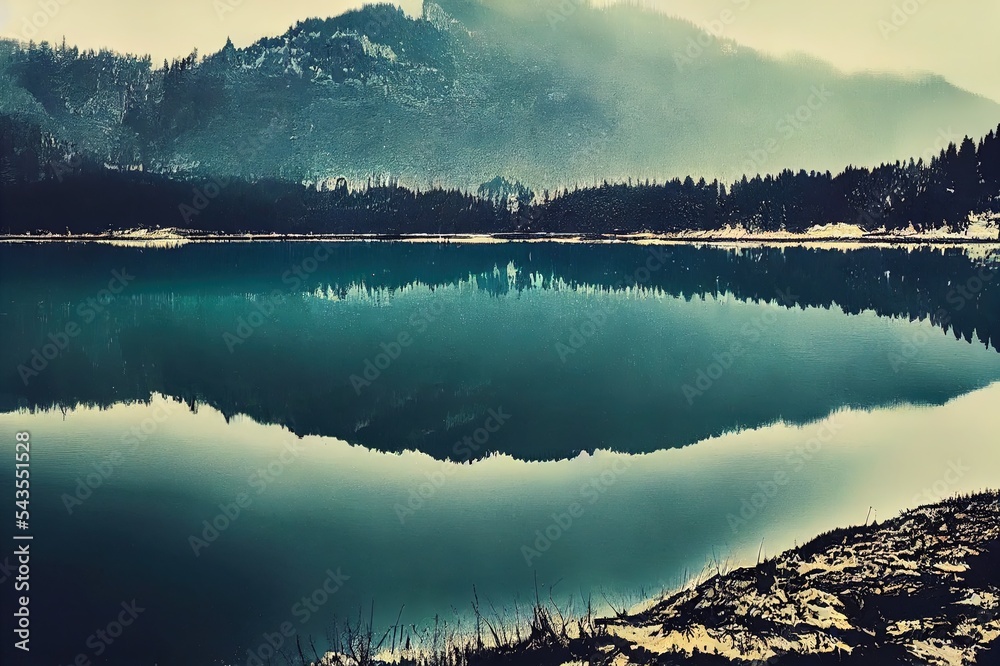 Beautiful reflection in lake, Slovenia Plansarsko jezerko, Zgornje Jezersko at winter. Holidays destination, hiking.