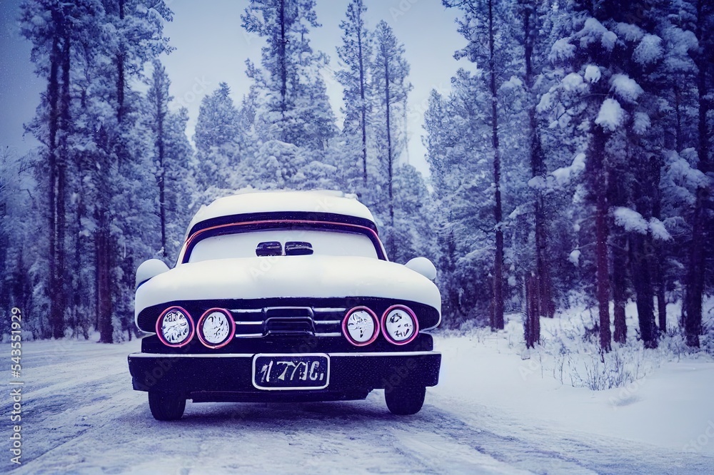 Car on the road at winter Rovaniemi, in Lapland, Finland