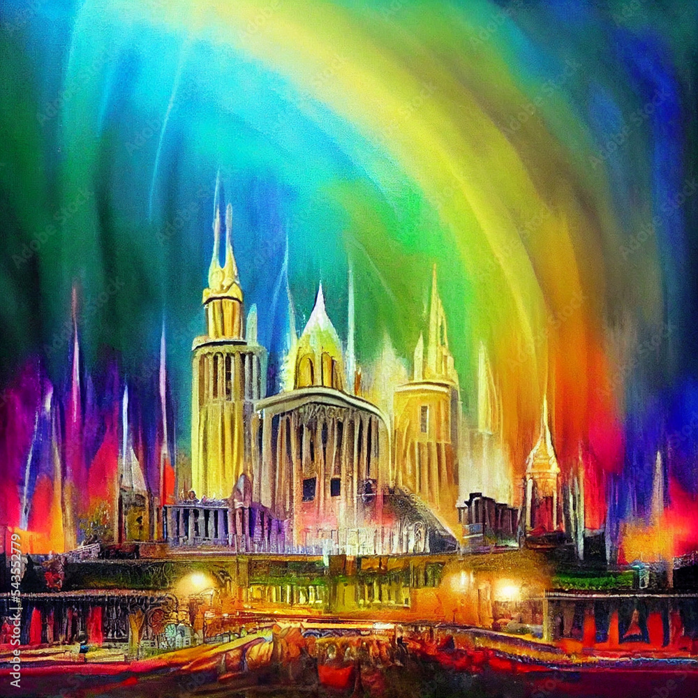 Naklejka premium Wondrous majestic city painting with rainbow color.