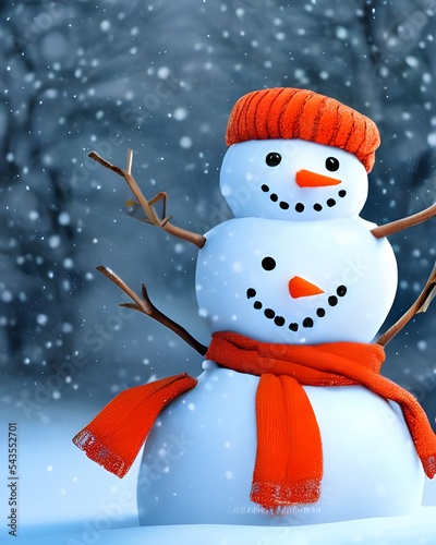 In the picture, there is a cute snowman made out of snow. The snowman has two eyes made out of coal and a carrot nose. There is also a scarf around the snowman's neck. photo