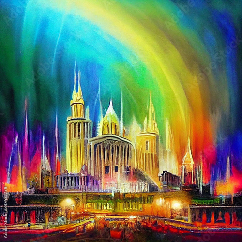Wondrous majestic city painting with rainbow color.