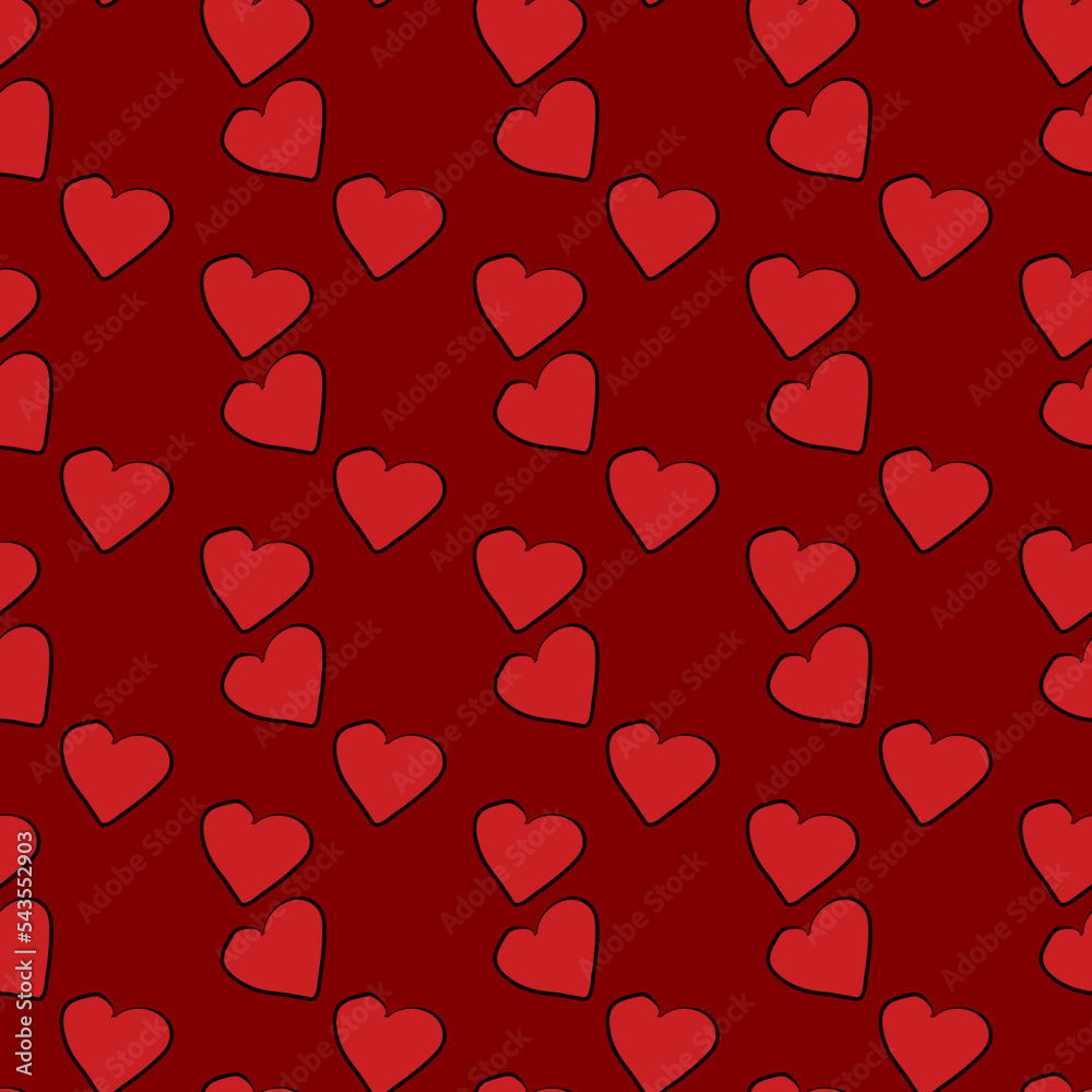 Red surface with an ornament of hearts, love. Vector seamless pattern. Background illustration, decorative design for fabric or paper. Drawing modern