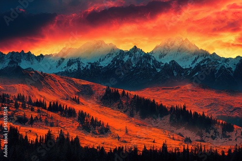 Beautiful colorful sunset over the snowy mountain range and pine tree forest. Nature landscape. Dramatic overcast sky with orange clouds. Main Caucasian ridge, Svaneti, Georgia. Retro toning filter