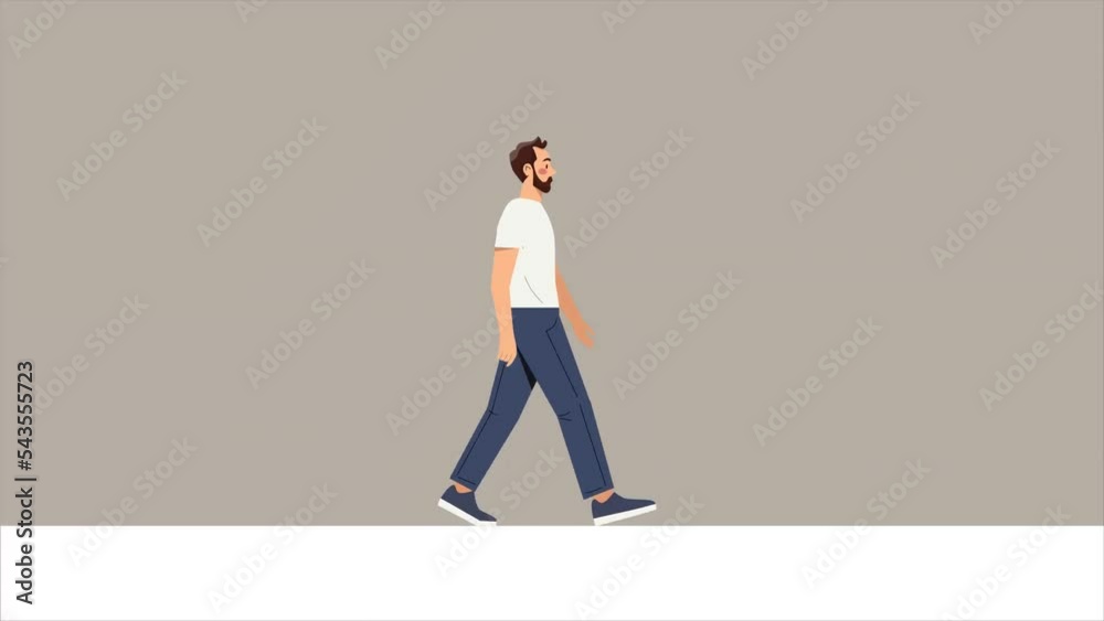 Walking Man video concept. Young moving bearded guy walks forward. Side view. Stylish character in casual clothes or outfit. Anatomical movements of body, arms and legs. Flat graphic animated cartoon