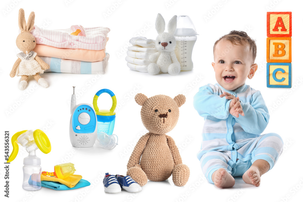 Collage of cute baby boy with set of items on white background Collage of cute baby boy with set of items on white background