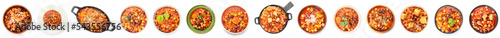 Collage of tasty pasta with beans on white background, top view photo