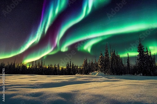 soft northern lights aurora show over sparse spruce trees and wind blown snow drift photo