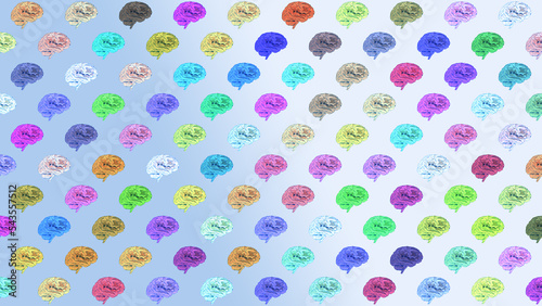 Colorful abstract polygonal human brains. Low poly wire frame mesh and dot on blue-white background. Concept 3D CG of knowledge network of mankind, inspiration for invention and explosive ideas.