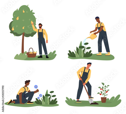 Set of gardening. Collection of scenes with garden worker, man planting plants and trees. Farming and agriculture, rural landscape. Cartoon flat vector illustrations isolated on white background