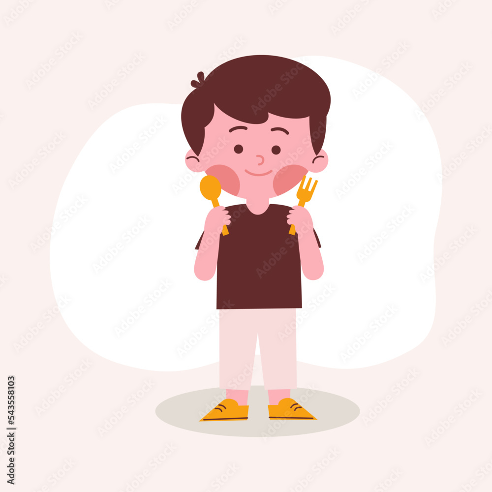 boy eating and holding spoon and fork boy eating and holding spoon and fork