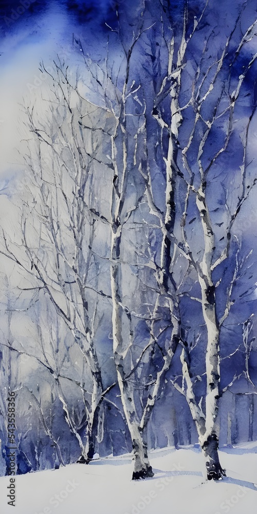 A blanket of snow covers the ground, and tall trees stand majestically in a watercolor winter forest. The muted colors give the scene an ethereal quality, and the sunlight shining through the trees is A blanket of snow covers the ground, and tall trees stand majestically in a watercolor winter forest. The muted colors give the scene an ethereal quality, and the sunlight shining through the trees is