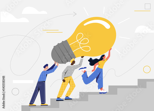People holding idea. Man and woman go up stairs with light bulb. Creative idea and insight, brainstorming. Collaboration and cooperation. Poster or banner for website. Cartoon flat vector illustration