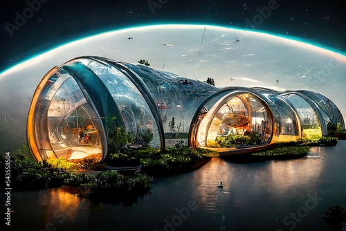 Wallpaper Mural Space expansion concept of human settlement in alien world with green plant as proof of life in space