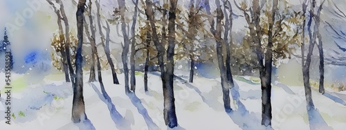 In this tranquil watercolor, a dense forest is blanketed in soft shades of white and gray. The bare trees reach for the sky with their skeletal branches, while delicate snowflakes flutter through the 
