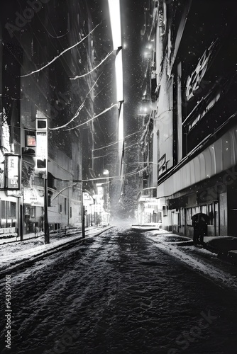 The city street is bustling with people hurrying to get home before the sun sets. The evening air is chill and biting, but that doesn't stop anyone from going about their business. A few snowflakes ar © dreamyart