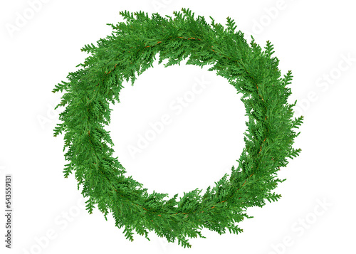 Green cedar wreath with red ribbon bow isolated cutout