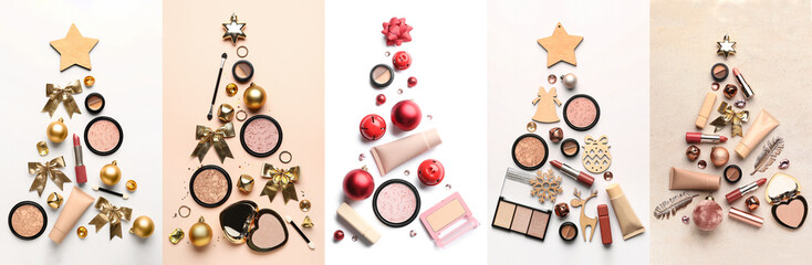 Collage of Christmas trees made of makeup cosmetics, accessories and decorations on light background