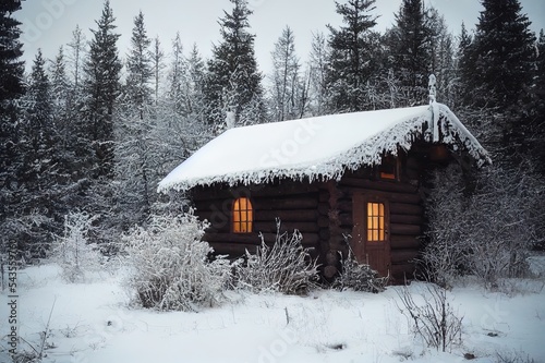 Small wooden forest cabin in winter photo