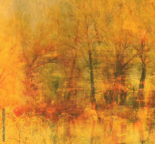 Art grunge landscape showing trees in the autumn forest