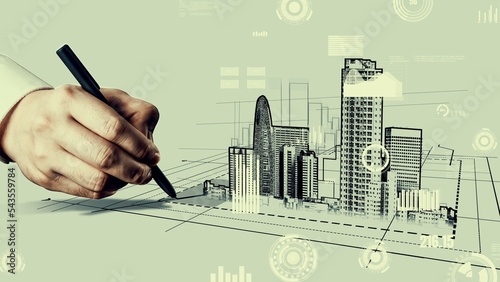 City civil planning and inventive real estate development . Architect people looking at abstract city sketch drawing to design creative future city building. Architecture dream and ambition concept. photo