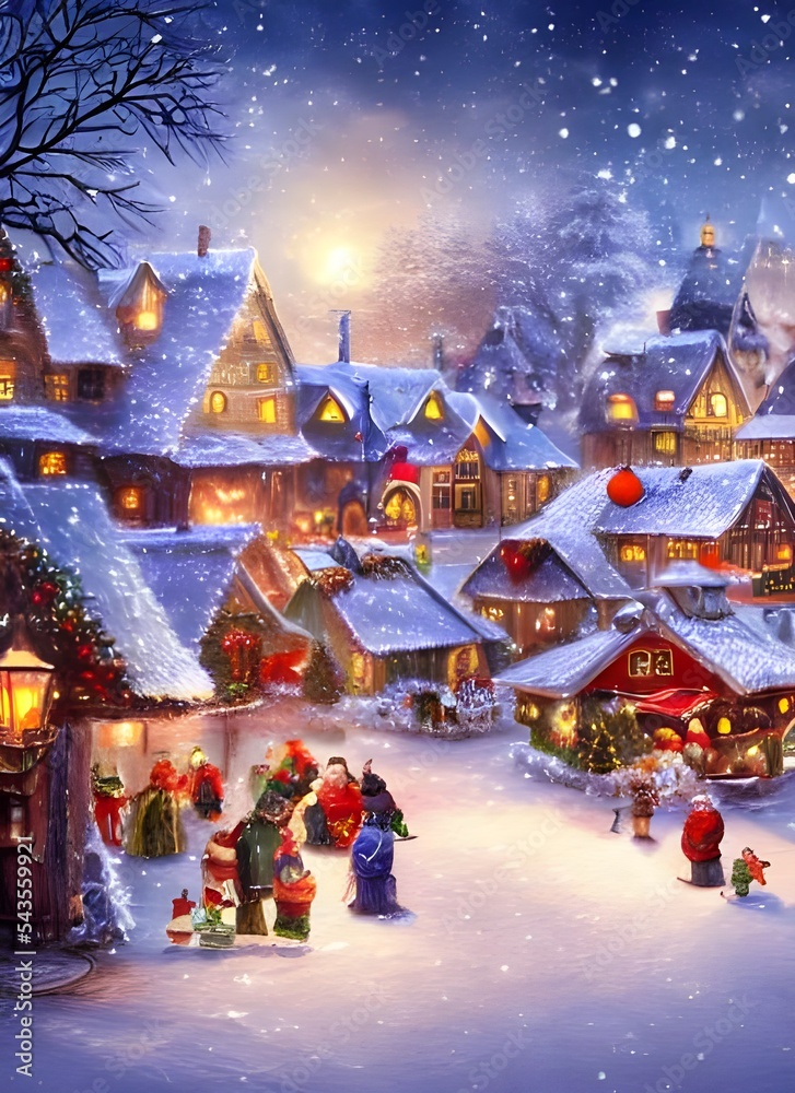 The winter christmas village is a beautiful sight. The snow is gently falling and the houses are all decorated for the holidays. The people in the village are busy preparing for Christmas eve.