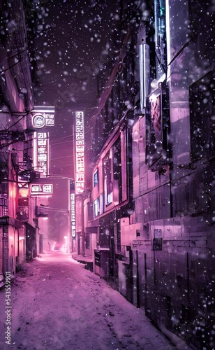 The concrete is gray and cold, the streetlights illuminate the pattern of tire tracks in the snow. The windows of the buildings reflect back city lights and a hint of blue sky. Steam rises from a manh photo