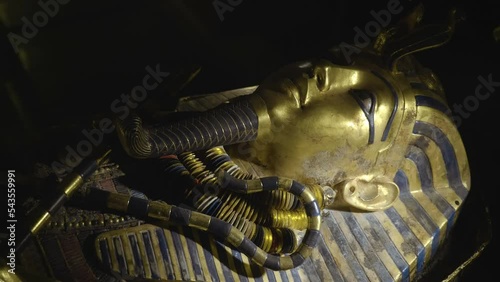 Tutankhamen - pharaoh of ancient Egypt from the XVIII dynasty of the New Kingdom. Tutankhamen's inner sarcophagus - one of the exhibits of Tutankhamun's tomb, a symbol of Ancient Egypt. Shot in motion photo