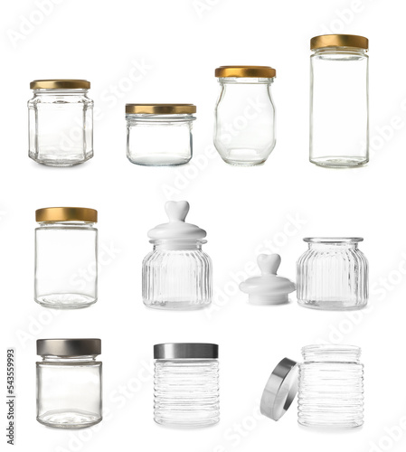 Collage of empty jars on white background